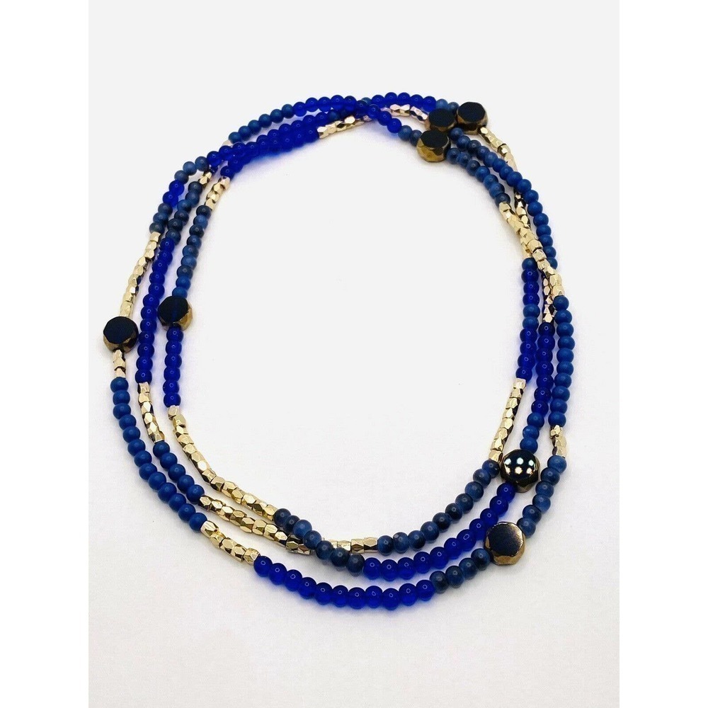 Necklace Blue Gold Tone Beaded 48” Long Vintage Unique Artisan Jewelry
